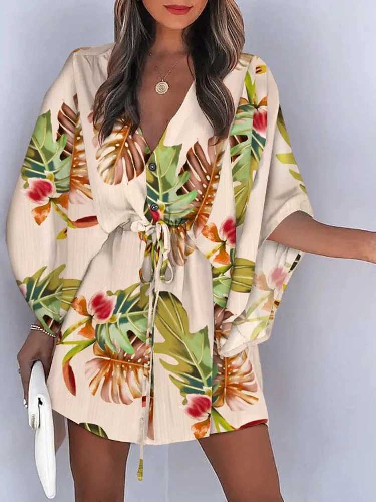 Krótka sukienka tunika wiązana w pasie - obrazek 2