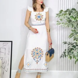 Komplet sukienka z haftem bluzka i spódnica